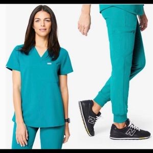 NWT FIGS LIMITED ED Teal set. Small Catarina top, small tall Zamora bottoms